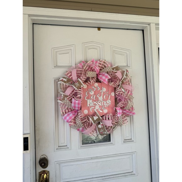 Beige Pink Easter Blessings Deco Mesh Ribbon Spring Wreath Front Door Hanger - Picture 8 of 8
